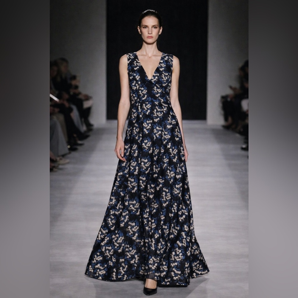 ZAC Zac Posen Floral Maxi Dress Blue Black V-Neck Runway Style